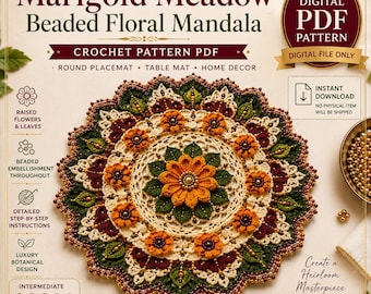 Schema per mandala floreale all'uncinetto con perline, tovaglietta e centrotavola all'uncinetto, centrino floreale in PDF, schema decorativo per la casa, download immediato