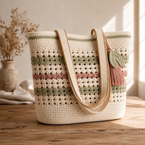 May include: A cream-coloured crochet tote bag featuring horizontal stripes in sage green and dusty rose. The bag has an openwork stitch pattern, two sturdy shoulder straps, and a decorative tassel accessory with two green leaf-shaped accents.