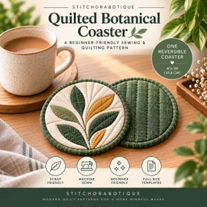 May include: A circular quilted botanical coaster measuring 4.25 inches in diameter. One side features a cream background with dark green and mustard yellow leaf appliques, while the reverse side has dark green vertical quilted stripes.