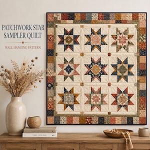 May include: A square patchwork star sampler quilt wall hanging pattern featuring nine distinct star blocks in a grid, surrounded by a multi-colored small square border. The quilt displays various floral and geometric fabric prints in muted tones.