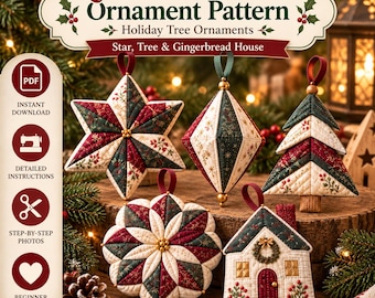 Modello PDF per ornamento natalizio trapuntato / Modello per cucire 5 ornamenti in tessuto / Fat Quarter, Principiante / Stella, Albero, Casa - Cucito natalizio