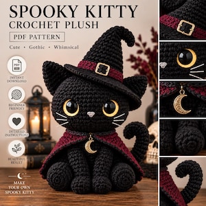 Pode incluir: Uma pelúcia de gato preta feita de crochê, usando um chapéu de bruxa pontudo com uma faixa bordô e fivela dourada, e uma capa bordô combinando com um pingente de lua crescente dourado. O gato tem olhos amarelos grandes e bigodes brancos.