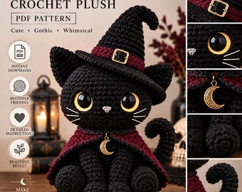 Schema per uncinetto di un gatto nero / Gatto strega amigurumi con cappello, peluche di Halloween in formato PDF