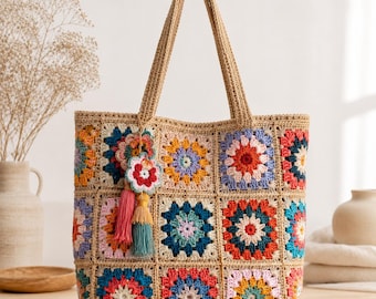 Modello all'uncinetto per borsa tote quadrata personalizzata "Boho Blossom Grandma" in formato PDF / Tutorial fotografico passo passo