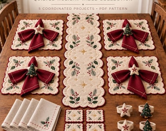 Quilted Christmas Table Runner Pattern, Placemat, Napkin & Coaster PDF Sewing Pattern | Holiday Table Decor | Embroidered Quilt Pattern