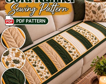 Modello PDF per runner da divano trapuntato / Runner da divano con motivo floreale botanico / Trapunta a strisce verdi / Modello per principianti di trapuntatura 20 x 55 pollici