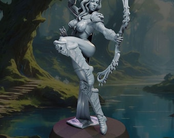 May include: A gray unpainted resin miniature figurine of a female archer in a dynamic pose. The figure wears detailed armor on the shoulders and legs, holds a large ornate bow, and has a quiver of arrows on the back, all set on a circular base.