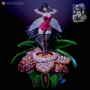 May include: A fantasy figurine of a winged elf character wearing a red dress and fishnet stockings, standing atop a base composed of large red and white spotted mushrooms and green Venus flytrap plants against a dark purple background.