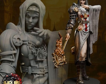 May include: A miniature figurine of a hooded figure wearing armor and a white robe with a red cross, holding a flaming mace. The figure features metallic shoulder plates, a belt, and dark boots. The Black Bird Miniatures logo is visible.
