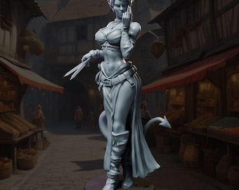 May include: A light gray resin miniature figurine of a horned humanoid character with pointed ears and a tail. The figure wears a cropped top, a belt with a pouch, a long skirt with a high slit, and tall boots, while holding a small blade.