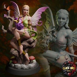 May include: A painted resin fairy figurine with blonde hair, purple wings, and a green top, sitting on a tree stump with mushrooms. Beside it is an unpainted grey version of the same figure. The Black Bird Miniatures logo is in the corner.