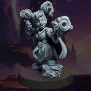 May include: A light gray miniature figurine of a character with high pigtails, wearing a robe with a circular emblem on the chest. The character stands on a rocky base, holding swirling energy effects in both hands, with a dynamic pose.