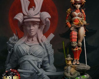 May include: A miniature figurine of a warrior wearing traditional samurai armor with a helmet, standing on a rocky base. The figure features red and gold armor plating, a sword, and pointed ears. A logo for Black Bird Miniatures is visible.