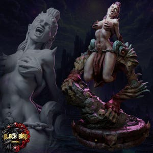 May include: A detailed resin figurine of a screaming, horned creature with pale skin, held by clawed hands, perched on a rocky base adorned with skulls and chains. The base features a circular design with a skull emblem. Includes Black Bird Miniatures logo.