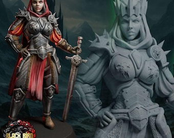 May include: A miniature figurine of a warrior wearing spiked armor, a crown, and a hooded cloak, holding a sword with a lion-head pommel. The figure is shown in both a full-color painted version and an unpainted grey resin version on a round base.