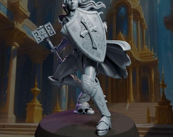 May include: A gray resin miniature figurine of a warrior standing on a circular base. The figure wears ornate armor, a winged helmet, and a flowing cape, while holding a large rectangular hammer in one hand and a shield with a cross design in the other.