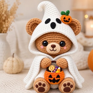 May include: A brown crocheted teddy bear wearing a white ghost hood with black eyes and a mouth. The bear has pink cheeks and holds a small orange jack-o'-lantern bucket filled with colourful candy, including a lollipop and candy corn.