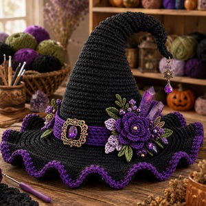May include: A black crocheted witch hat with a purple band, adorned with a gold-toned filigree brooch featuring a purple gem, a large purple crocheted rose, green leaves, and two purple crystal points. A purple teardrop charm hangs from the tip.