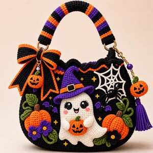 May include: A black crochet handbag featuring a white ghost wearing a purple witch hat, orange pumpkins, purple flowers, and a white spiderweb. The handle is striped in black, orange, and purple. A large black and orange bow and a pumpkin charm are attached.