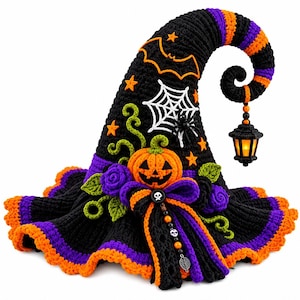May include: A crocheted witch hat in black, orange, and purple featuring a curled tip with a hanging lantern. The hat is decorated with a crocheted pumpkin, spider web, spider, green vines, purple roses, and a bow with a skull button and beads.