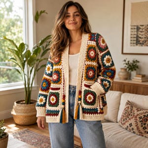 May include: A long-sleeve crochet cardigan featuring a multi-colored granny square pattern with floral motifs in shades of red, blue, yellow, and green. The garment has a cream-colored border, two front pockets, and two hanging tassels with beads.
