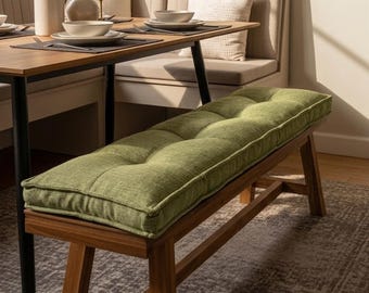 Handmade Olive Green Tufted Bench Cushion, Linen-look Dining Pad, Custom Window Seat