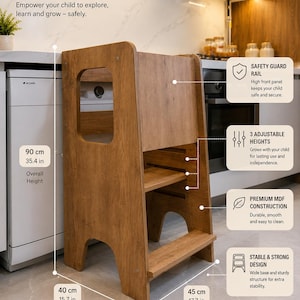 May include: A brown wood-grain kitchen learning tower with a safety guard rail, three adjustable height levels, and a wide base. The structure measures 35.4 inches in height, 15.7 inches in depth, and 17.7 inches in width, featuring MDF construction.