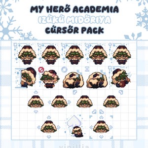 May include: A digital cursor pack featuring pixel art of Izuku Midoriya from My Hero Academia. The set includes various character poses and expressions arranged in a grid, with the text MY HERO ACADEMIA IZUKU MIDORIYA CURSOR PACK at the top.