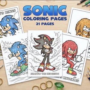 May include: A collection of 21 Sonic Colouring Pages featuring illustrations of Sonic, Shadow the Hedgehog, and Knuckles. The pages show characters in various poses, including surfing and holding rings, with bold text titles like Sonic's Rings.