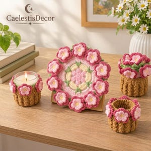 Crochet Flower Coaster Set with Pot, Handmade Bouquet Coasters, Crochet Plant Desk Decor, Peach Pink Floral Coaster, Housewarming Gift