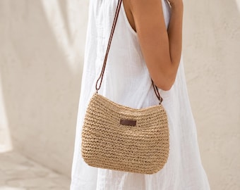 Lightweight Woven Straw Crossbody Bag – Women’s Summer Shoulder Purse for Vacation and Beach, Beige Boho Handbag