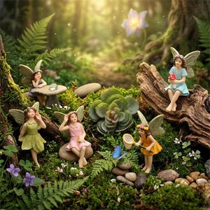 May include: A set of six miniature fairy figurines in a forest setting. The figures feature wings, colorful dresses, and various poses, including sitting on stones, holding a mushroom, or using a net to catch a blue butterfly near a succulent.