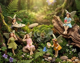May include: A set of six miniature fairy figurines in a forest setting. The figures feature wings, colorful dresses, and various poses, including sitting on stones, holding a mushroom, or using a net to catch a blue butterfly near a succulent.