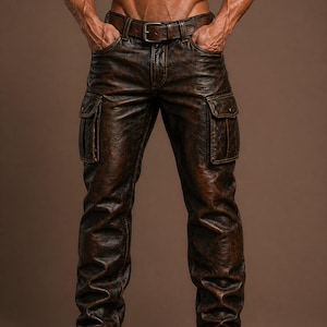 May include: Dark brown distressed leather cargo trousers featuring a matching leather belt with a metal buckle, two large side cargo pockets with flaps, two front pockets, and a straight-leg cut. The trousers have visible stitching and a textured finish.
