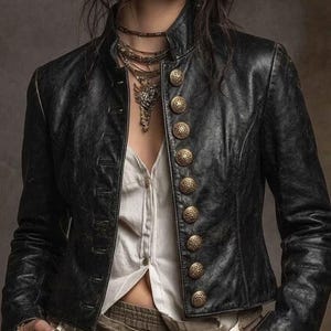 Womens Black Lambskin Leather Cropped Jacket | Steampunk Military Distressed Jacket | Gothic Vintage Style Outerwear