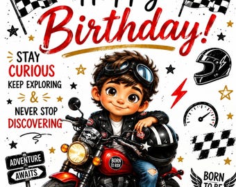 Personalized Motorcycle Birthday Card for Boys, Racing Theme (Digital Download)