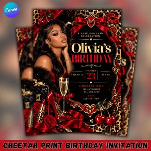 May include: A birthday invitation card featuring a woman with dark hair, a red high-heeled shoe with cheetah print, a champagne flute, red roses, and cherries. The text reads Olivia's BIRTHDAY, OCTOBER 23, BORCELLE HALL, 123 ANYWHERE ST., ANY CITY.