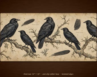Vintage Gothic Crow Desk Mat | Naturalist Bird Illustration Mouse Pad (16"x32")