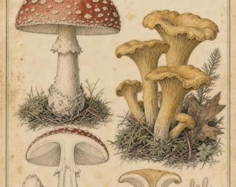 Vintage Mushroom Botanical Print | Woodland Fungi Illustration, Dark Academia Decor