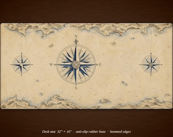 Vintage Compass Rose Desk Mat | Nautical Map Mouse Pad (16" x 32")