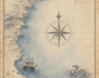 Vintage Nautical Chart Print | Maritime Sea Map Illustration, Ocean Voyage Decor (Archival Poster)