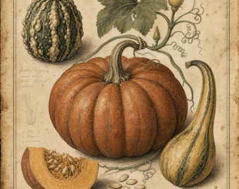 Vintage Gourd and Pumpkin Botanical Print | Autumn Harvest Wall Art