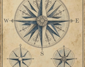 Vintage Compass Rose Nautical Chart Print | Maritime Coastal Wall Art, Sailor Decor