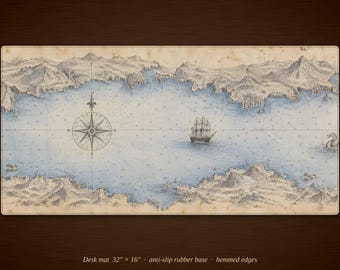 Vintage Nautical Chart Desk Mat | Antique Sea Map Mouse Pad (16" x 32")