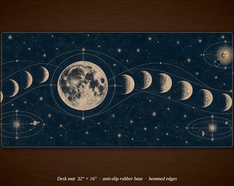Vintage Moon Phases Desk Mat | Celestial Lunar Chart Mouse Pad (16" x 32")