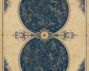 Vintage Star Atlas Print | Celestial Twin Hemispheres, Astronomy Wall Art