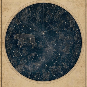 May include: A vintage-style celestial map titled The Northern Constellations Pl. IV, featuring a dark blue circular star chart with white constellations, including Ursa Major and Polaris, set against a weathered, beige rectangular background.