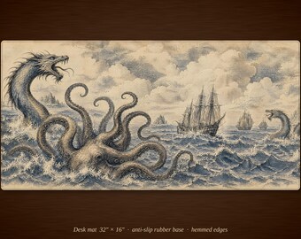 Vintage Map Sea Serpent Kraken Desk Mat | Nautical Gamer Mouse Pad (16" x 32")