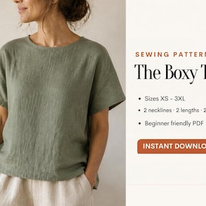 May include: A sage green boxy top with short sleeves and a round neckline. The text reads: SEWING PATTERN The Boxy Top, Sizes XS - 3XL, 2 necklines, 2 lengths, 2 sleeves, Beginner friendly PDF, INSTANT DOWNLOAD.