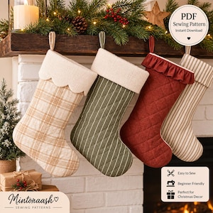Patrón de costura para calcetín navideño acolchado: apto para principiantes, reversible, con puño festoneado (descarga en PDF)